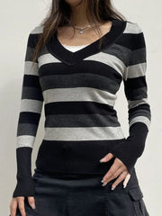 Pydshop 2024 Fashion Woman tops y2k style Vintage V Neck Stripe Long Sleeves Sweater
