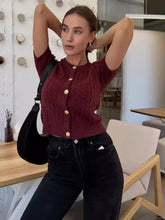 Pydshop Angora Red Single Breasted Twist Knitted T-Shirt Short Sweater Top Women's Casual Chic Solid Slim Short Sleeve Top FemaleChristmas Gifts