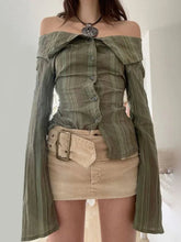 Pydshop 2024 Fashion Woman tops y2k style Vintage Stripe Green Off Shoulder Blouse