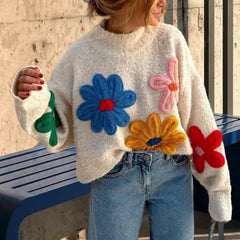 Pydshop Crochet Flower Pullover Knitted Sweater Women's Fashion Loose Lantern Long Sleeve Embroidery Knit Top Streetwear Fashion