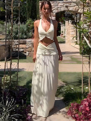 Pydshop Sexy Skirts Two Pieces Set Female V Neck Fungus Halter Neck Sling Top Twist Slim Fit Long Skirts Holiday Matching Sets
