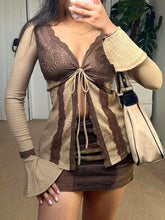 Pydshop 2024 Fashion Woman tops y2k style Vintage Flare Sleeve Lace Patchwork Top