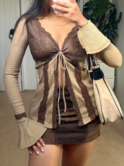 Pydshop 2024 Fashion Woman tops y2k style Vintage Flare Sleeve Lace Patchwork Top