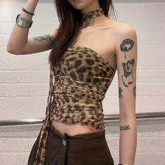 Pydshop Leopard Print Crop Top Women Mesh Sleeveless Sexy Tube Summer Vintage Halter Tank Top Backless Sexy Party Tops For Ladies