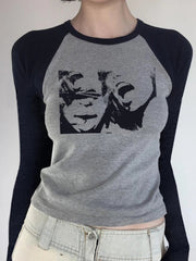 Pydshop 2024 Fashion Woman tops y2k style Grey Graphic Printing Crop Long Sleeves Top