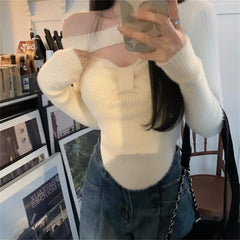 Pydshop 2024 Spring Elegant Pullover Women Casual Solid Korean Style Long Sleeve Knitted Sweater Sweet Soft Sweater Female Y2K Crop Tops