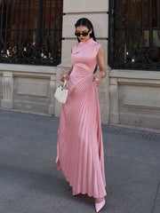 Fashion Solid Irregular Pleated Maxi Dress