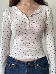 Pydshop 2024 Fashion Woman tops y2k style White Small Flowers Printed Slim Button Top