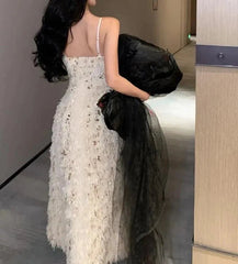 Feather Gold Sequin Backless Birthday Evening Party Dress