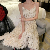 Feather Gold Sequin Backless Birthday Evening Party Dress