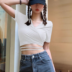 Pydshop Summer Casual Tee Tops Women T shirts Solid V-neck Sexy Cropped Top Cross Tie-Up Harajuku Basic Korean Street T-shirts mujer Y2k