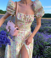 Floral Lace-Up A-Line Puff Sleeve Midi Dress