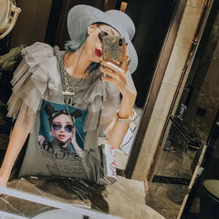 French Vintage Mesh Splicing Graphic T-shirt Dresses