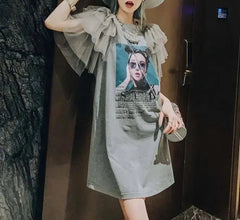 French Vintage Mesh Splicing Graphic T-shirt Dresses