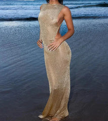Golden Silk Open Back Sexy Long Dress