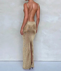 Golden Silk Open Back Sexy Long Dress
