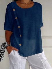 Cotton and Linen Round Neck Elbow Sleeve Button Top