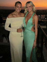 Knit Backless V-neck High Slit Dress