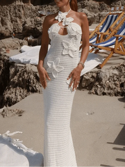 Knitted Floral Patchwork Halter Maxi Dress