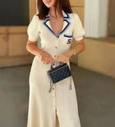 Knitted Turn-down Collar Embroidery Long Shirt Dress