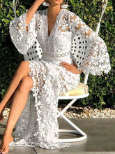Lace Long Dress Women Elegant White Flare Sleeve Dress