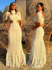 Lace Turtleneck Tassel Sleeve Slim Naked Waist Hollow Out Long Dress