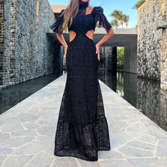 Lace Turtleneck Tassel Sleeve Slim Naked Waist Hollow Out Long Dress