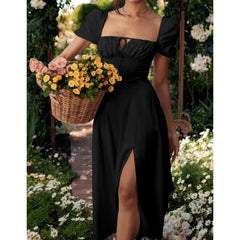 Lace-Up Split A-Line Elegant Puff Sleeve Dress