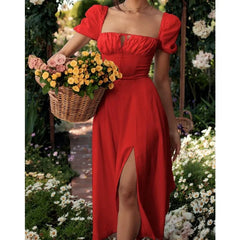 Lace-Up Split A-Line Elegant Puff Sleeve Dress