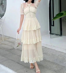 Lace Vintage Ruffle Tiered Long Dresses