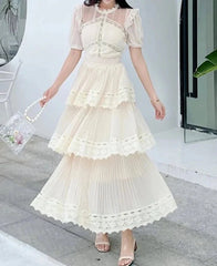 Lace Vintage Ruffle Tiered Long Dresses