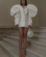 Loose Beige Satin Puff Sleeve Mini Jacket Dresses