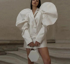 Loose Beige Satin Puff Sleeve Mini Jacket Dresses
