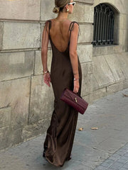 Loose Brown Satin Sleeveless Dress