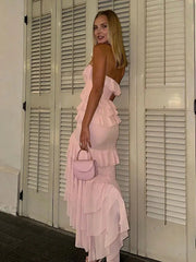 Pink Strapless Ruffle Maxi dresses