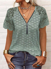 Elegant Hollow Out Lace Patchwork Zipper Top