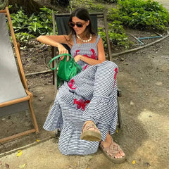 Printed Check Plaid Casual Maxi Dress