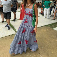 Printed Check Plaid Casual Maxi Dress