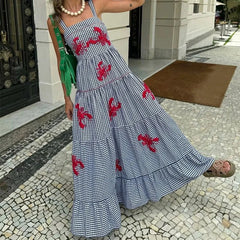 Printed Check Plaid Casual Maxi Dress