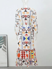Printed V-Neck Lantern Sleeve Tassel dresses
