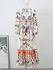 Printed V-Neck Lantern Sleeve Tassel dresses