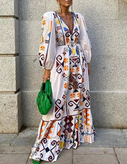 Printed V-Neck Lantern Sleeve Tassel dresses