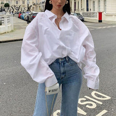 2022 Autumn Long Sleeve Loose Blouse Shirt Women Elegant White Button Turn Down Collar Casual Oversized Shirt Vintage Top