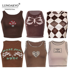 2023 New Women Crop Tops Y2K Aesthetic Cute Summer Halter Brown Camis Fashion Casual Female Sleeveless 90s Corset Top