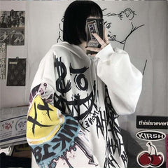Pydshop Gothic Streetwear Hoodies Women Hip Hop Cartoon Print Hooded Oversize Sweatshirt Funny Punk Autumn Plus Fleece Female Hoodie Top