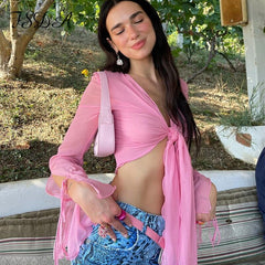 2023 Long Sleeve T Shirts Women Pink V Neck See Through Vintage Fashion Summer Casual Crop Top Bandage