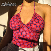 2023 Fashion Print Sleeveless Halter Top Women V Neck Backless Slim Casual Summer Crop Top Streetwear Camis