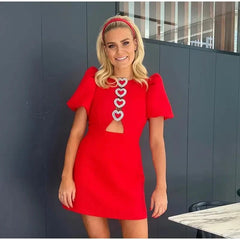 Puff Short Sleeve Slim Fit Red Mini Dress