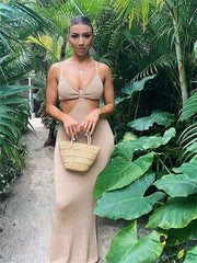 Sexy Backless Spaghetti Strap Women Sleeveless Hollow Out Ankle-Length Dress