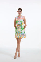 Sleeveless with Bow Cartoon Print Mini Dress